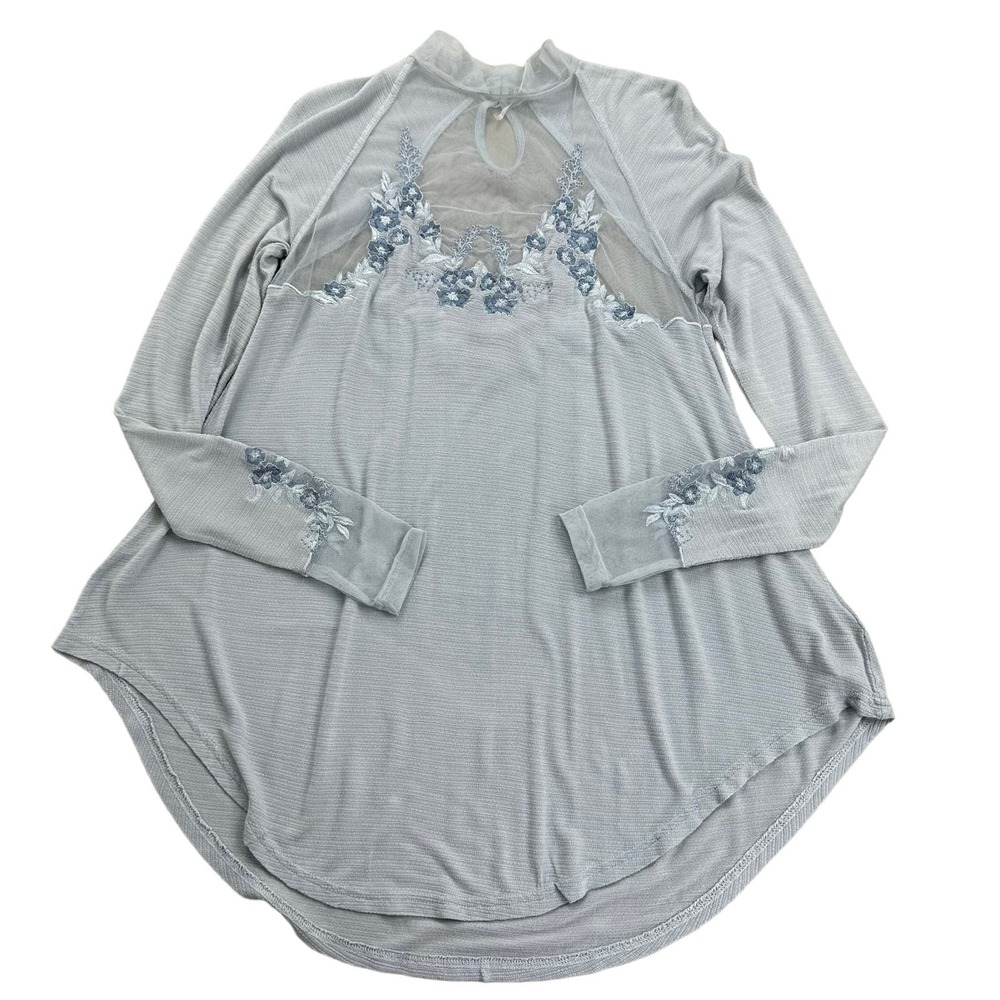 Free People Embroidered Mesh Top Blue Size XS Long Sleeve Semi Sheer Coquette - Picture 10 of 16